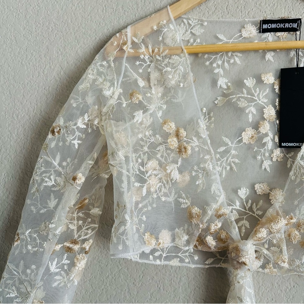 Momokrom Sheer Embroidered Floral Tie-Up Top Small Coquette Fairycore Romantic - Picture 5 of 14